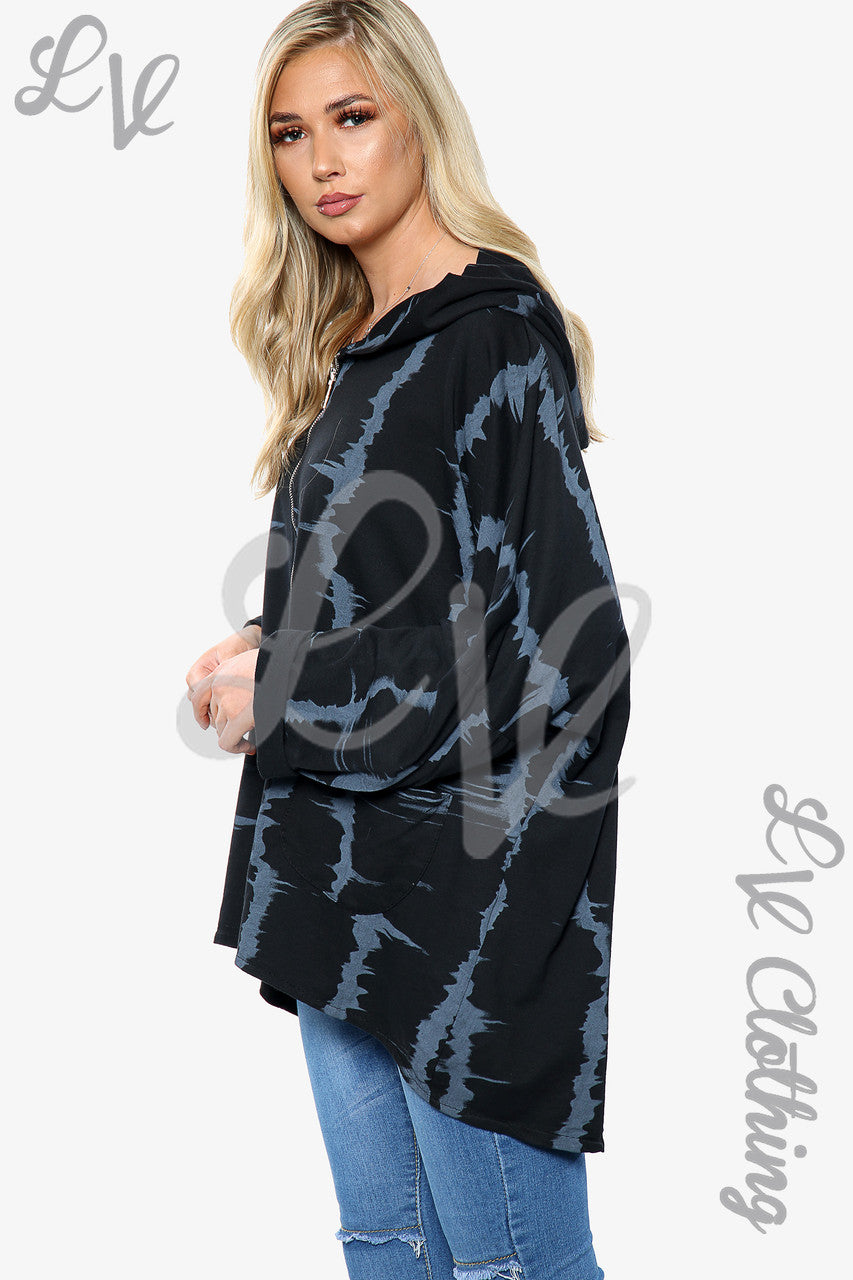 Ladies Tie Dye Print Zip up Hoodie Sweatshirt Black Unit Price £15.99