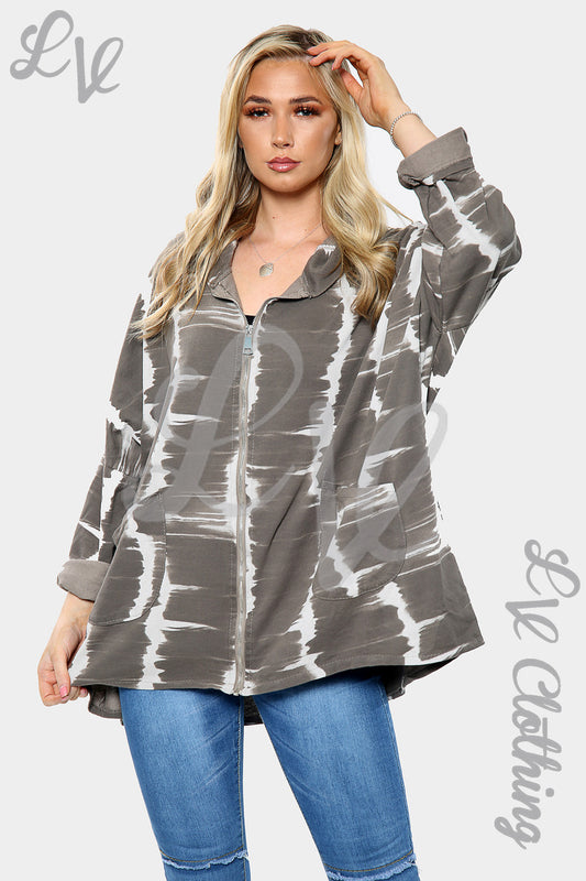 Taupe and white tie-dye zip-up hoodie sweatshirt with hood, front zip, long sleeves