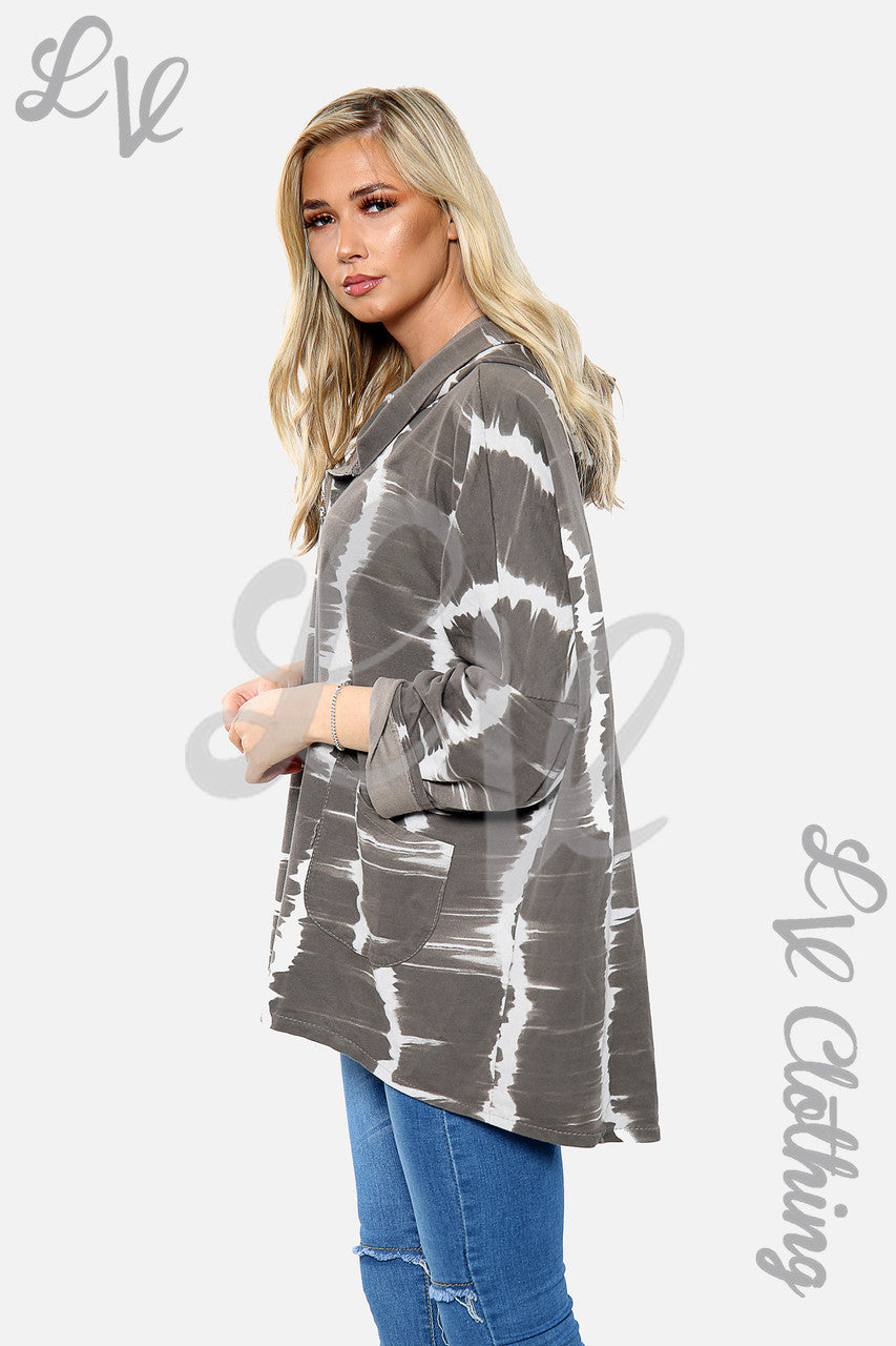 Dames Tie Dye Print Hoodie met Rits Taupe Prijs per stuk €15,99