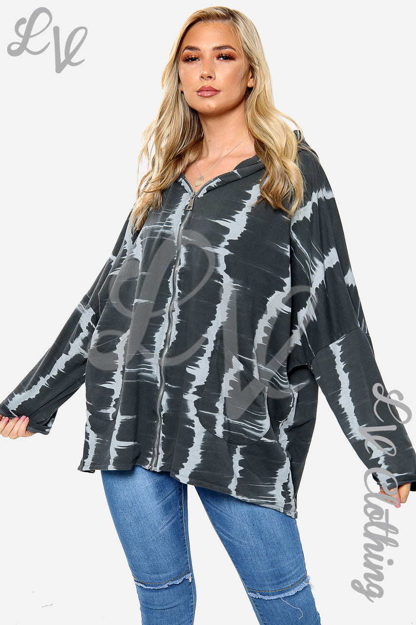 Dames Tie Dye Print Hoodie met Rits Houtskool Stukprijs € 15,99