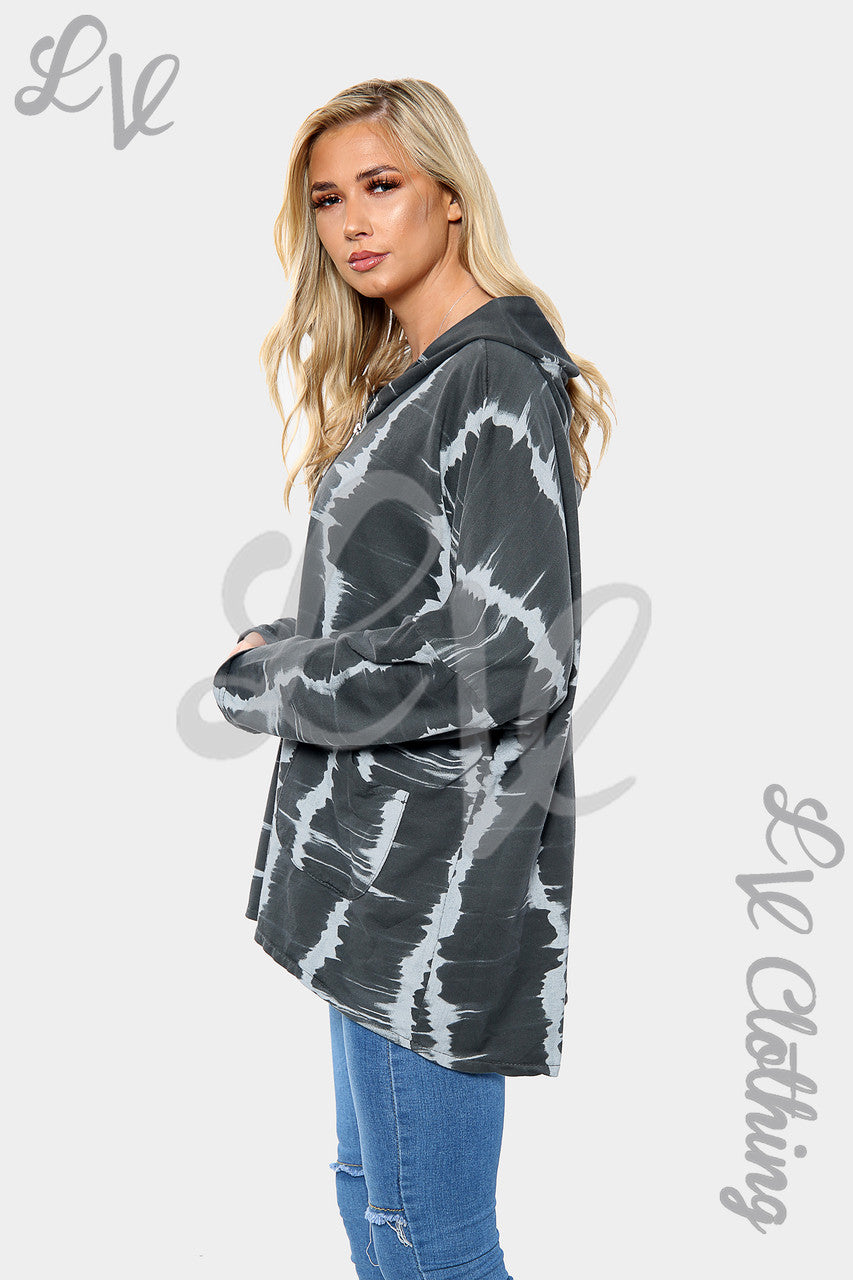 Dames Tie Dye Print Hoodie met Rits Houtskool Stukprijs € 15,99