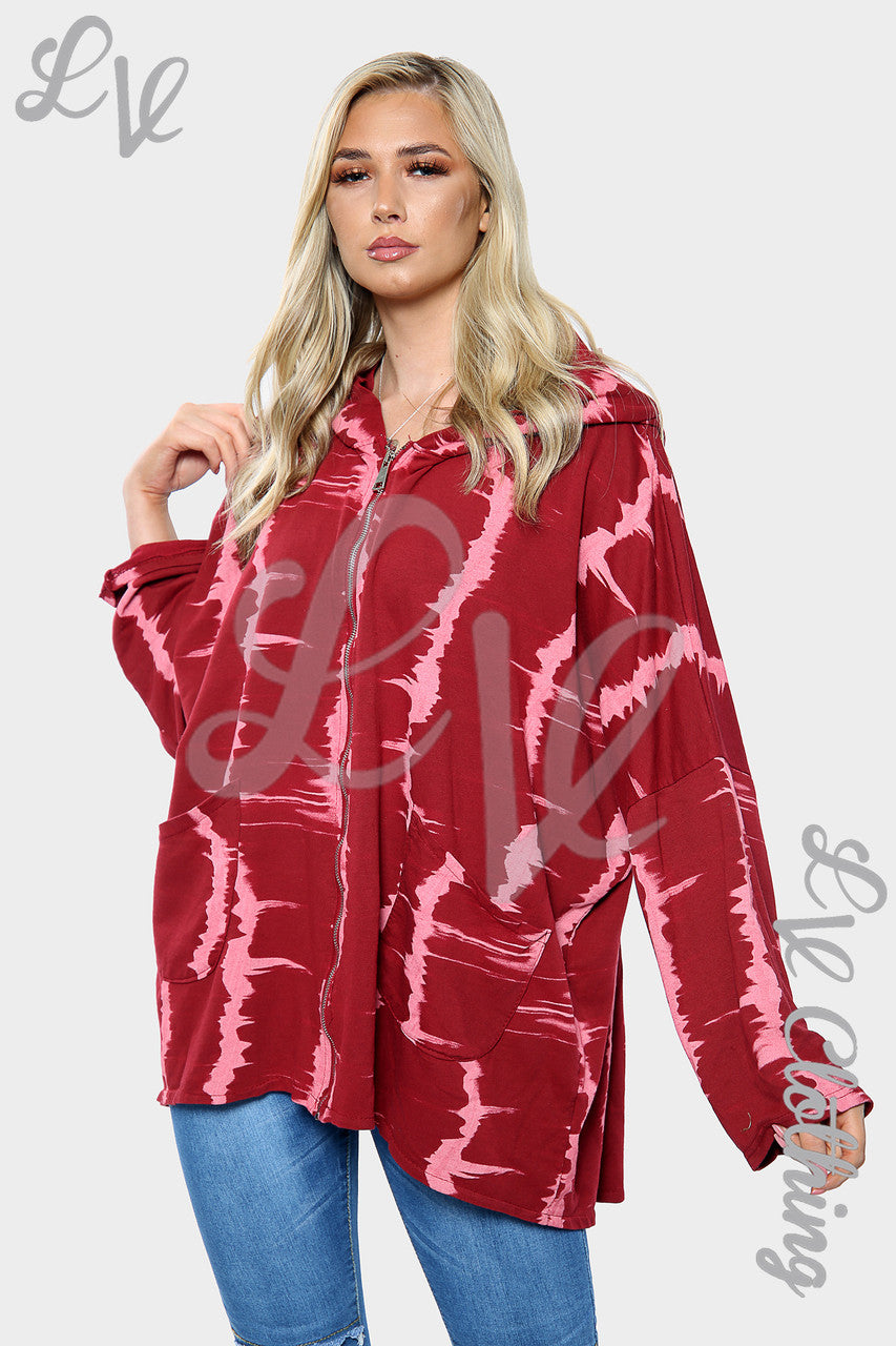 Ladies Tie Dye Print Zip up Hoodie Sweatshirt Red Unit Price £15.99