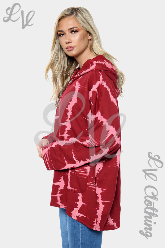 Red tie-dye zip-up hoodie with hood and long sleeves, front pockets