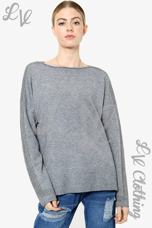 Ladies sequin-sleeve jumper, charcoal grey knit with round neck and long sleeves
