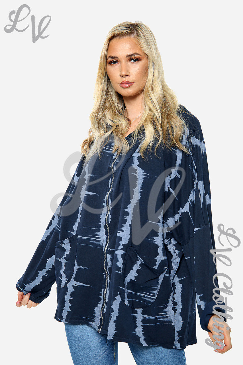 Ladies Tie Dye Print Zip up Hoodie Sweatshirt Navy Unit Price £15.99