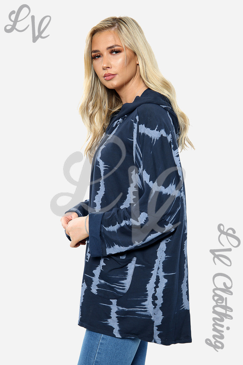Ladies Tie Dye Print Zip up Hoodie Sweatshirt Navy Unit Price £15.99