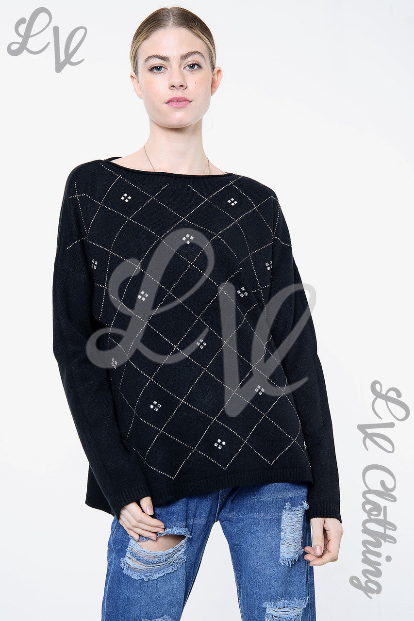 Dames trui met pailletten en diamantdetail zwart - Prijs per stuk €20,99