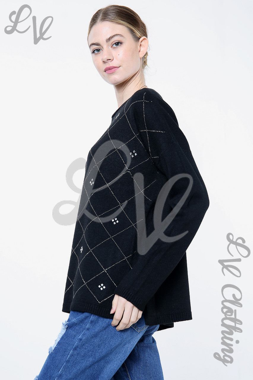 Dames trui met pailletten en diamantdetail zwart - Prijs per stuk €20,99