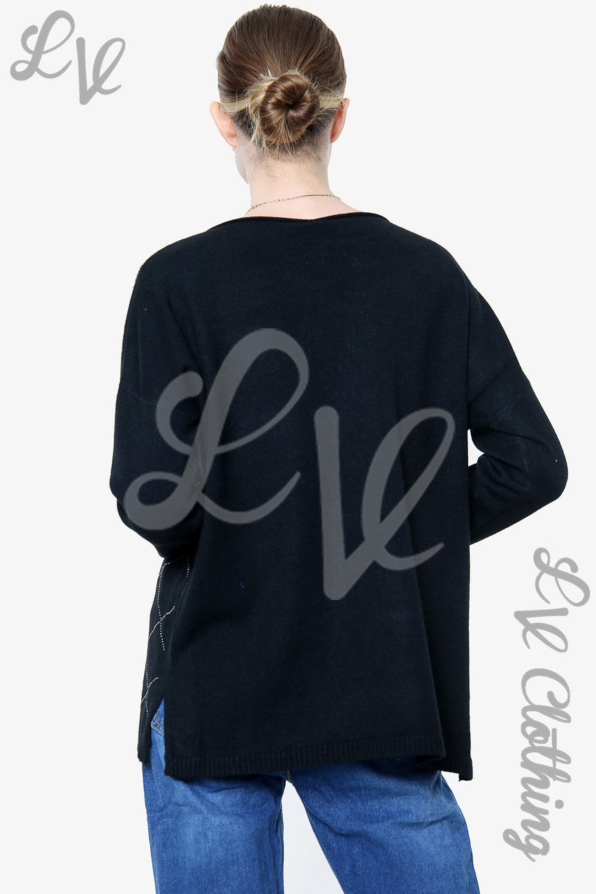 Dames trui met pailletten en diamantdetail zwart - Prijs per stuk €20,99