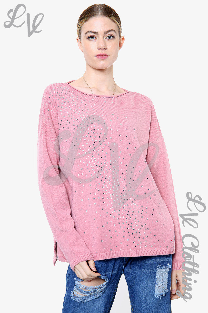 Dames trui met pailletten en strass-details oudroze - Stukprijs € 20,99