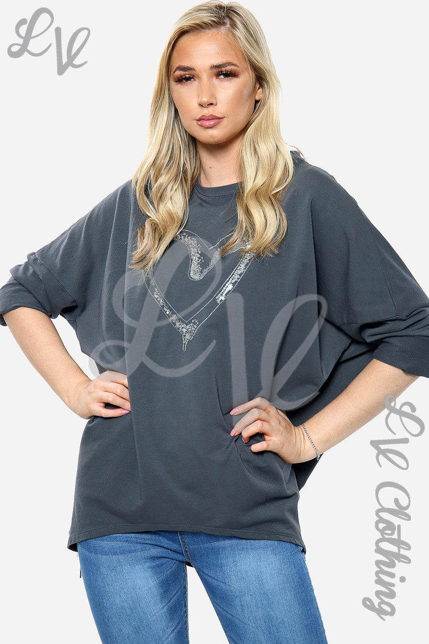 Dames Geborduurd Hart Sweatshirt met Ritssluiting Houtskool Stukprijs €8,99