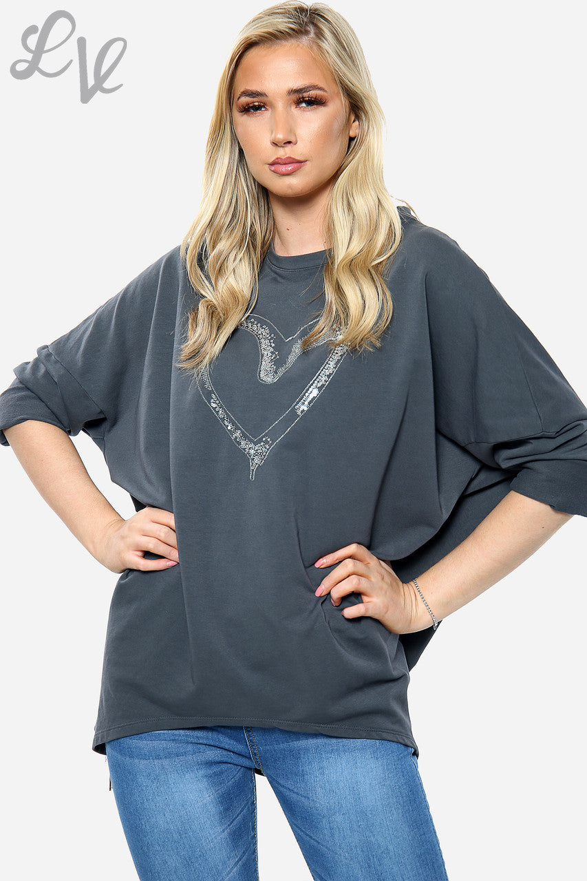 Dames Geborduurd Hart Sweatshirt met Ritssluiting Houtskool Stukprijs €8,99