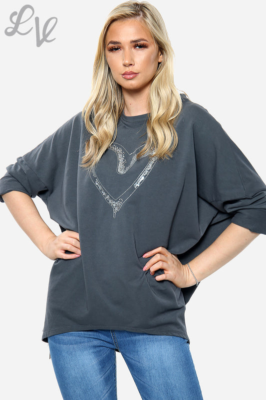 Charcoal embroidered heart sweatshirt with crew neck and decorative heart detail