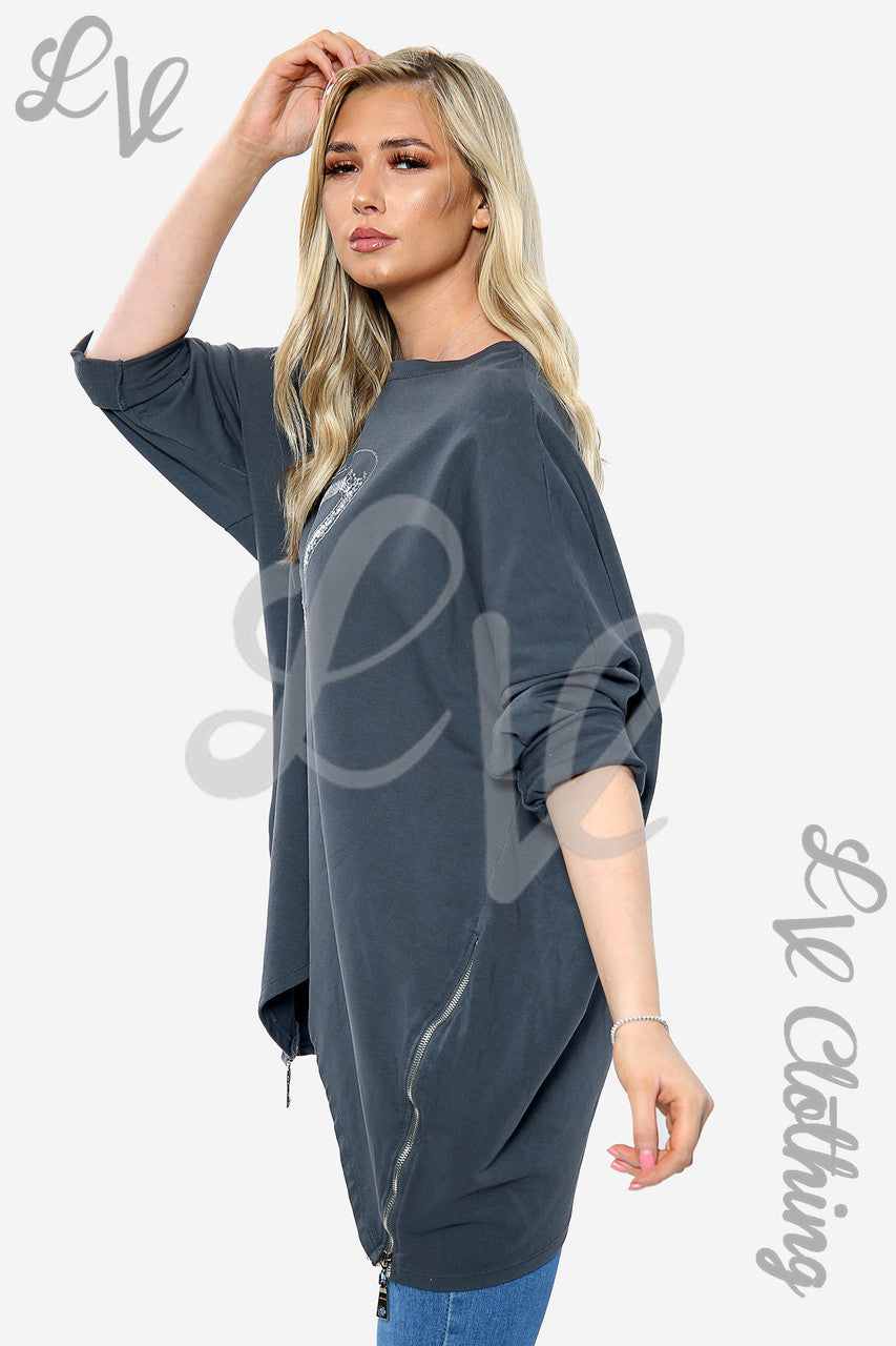 Dames Geborduurd Hart Sweatshirt met Ritssluiting Houtskool Stukprijs €8,99