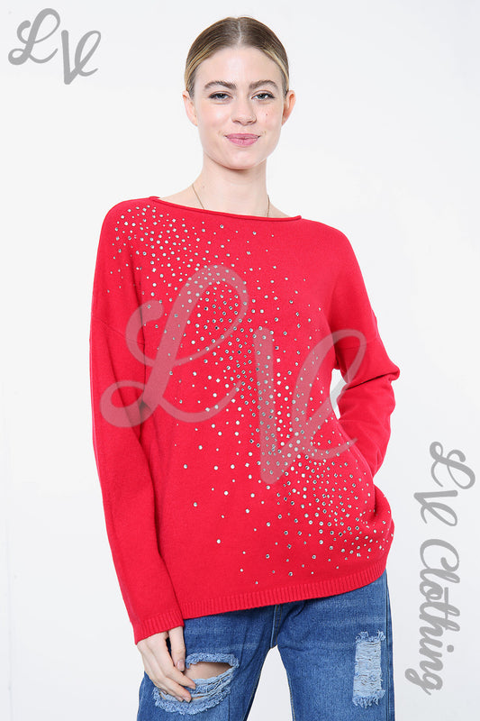 Red sequin and diamante detail jumper, wide neckline, long sleeves