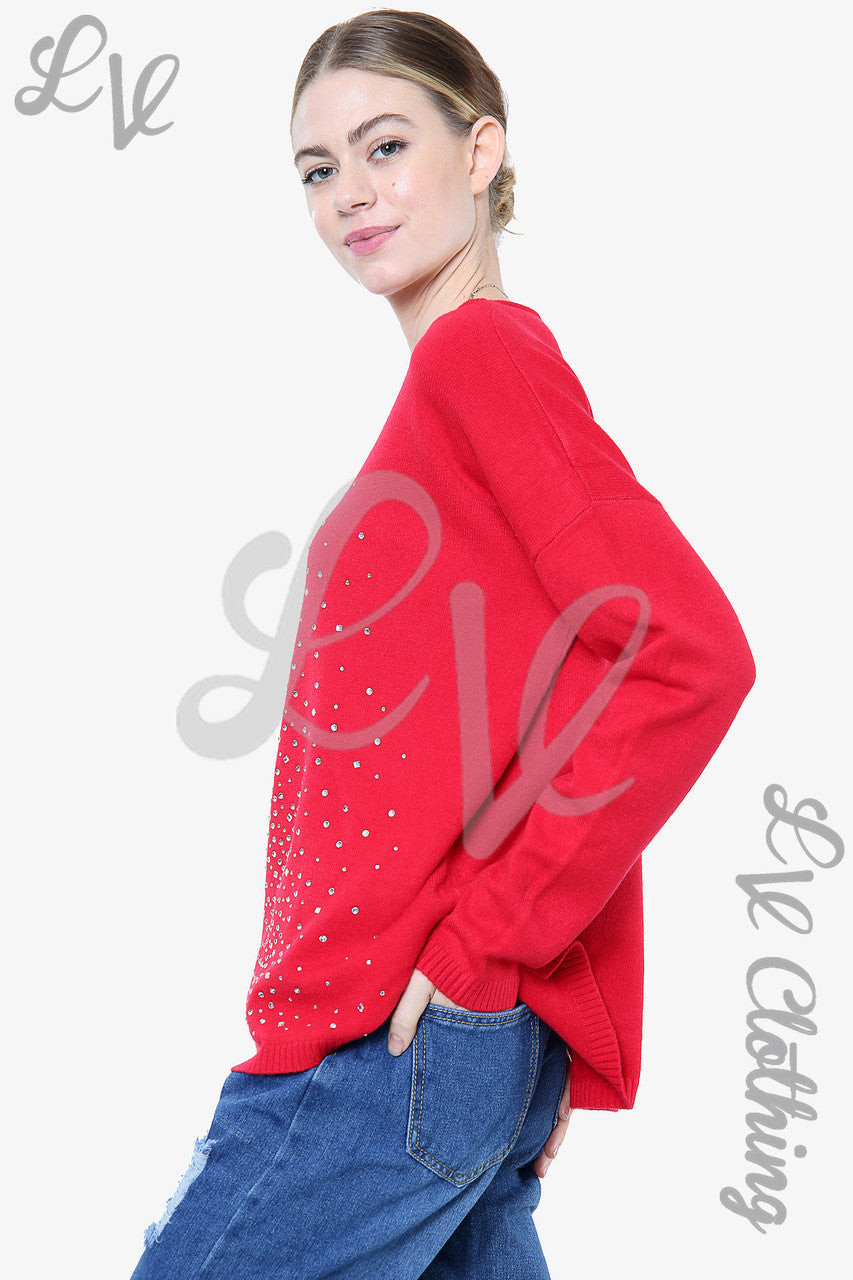 Ladies Sequin Diamante Detail Jumper Red - Unit Price £20.99