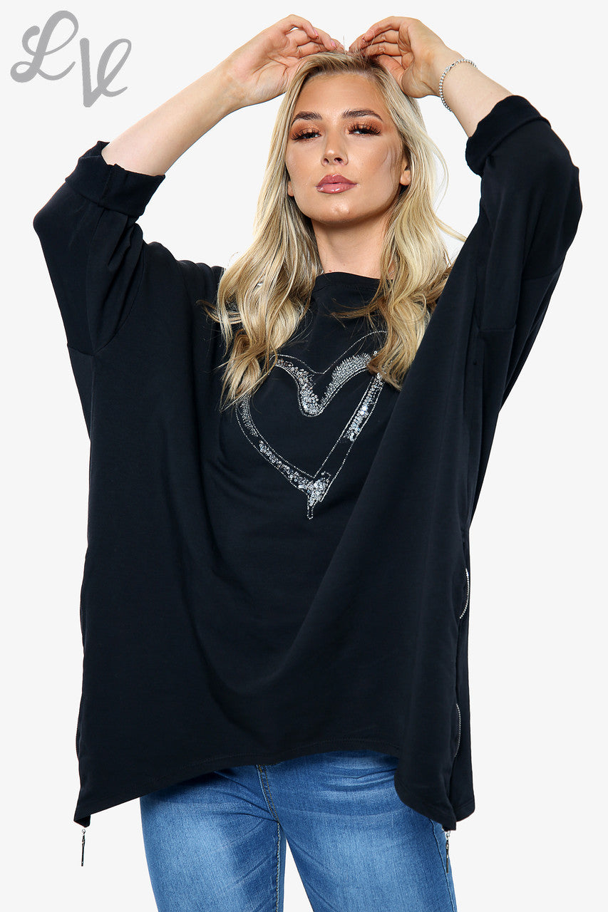 Dames Sweatshirt met borduurhart en ritsdetail Zwart Stukprijs €8,99