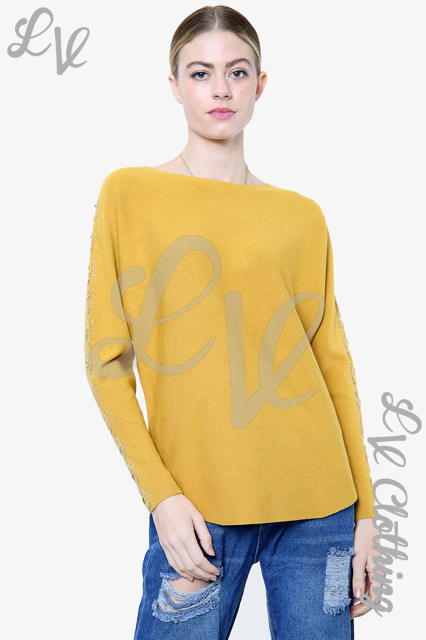 Ladies Sequin & Cut Out Sleeve Detail Jumper Mustard - Unit Price £20.99