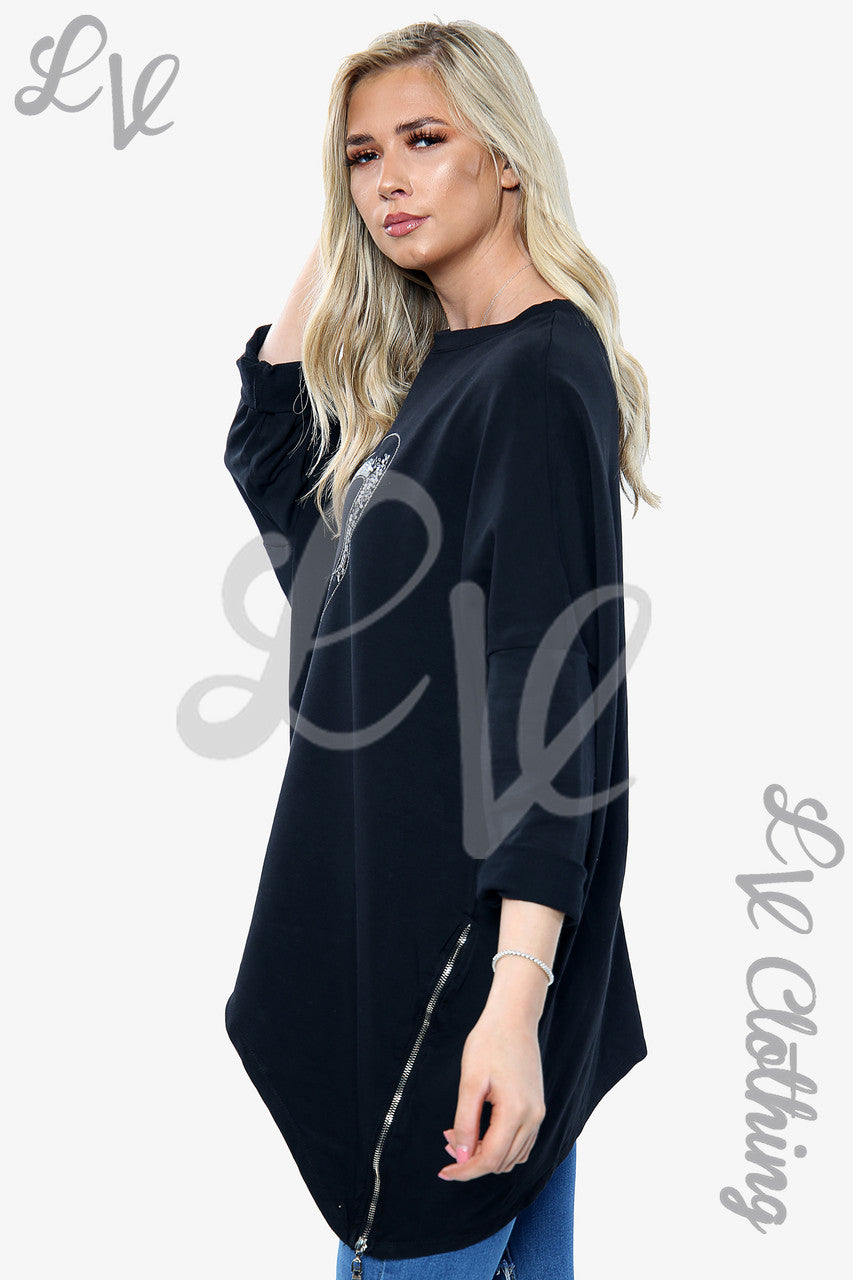 Dames Sweatshirt met borduurhart en ritsdetail Zwart Stukprijs €8,99