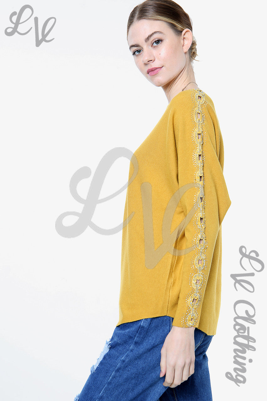 Ladies Sequin & Cut Out Sleeve Detail Jumper Mustard - Unit Price £20.99