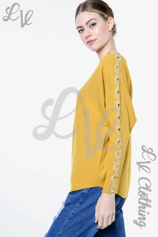 Ladies Sequin & Cut Out Sleeve Detail Jumper Mustard - Unit Price £20.99