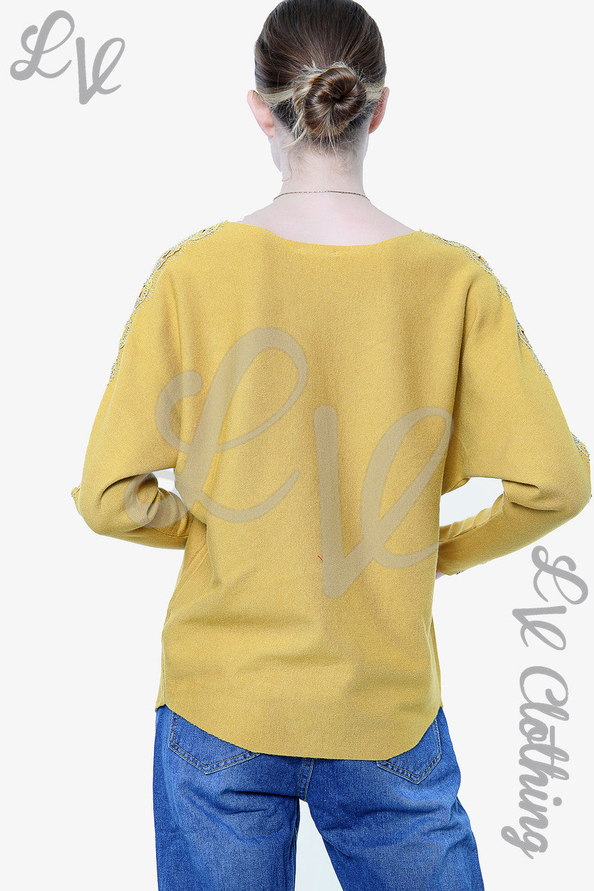 Ladies Sequin & Cut Out Sleeve Detail Jumper Mustard - Unit Price £20.99