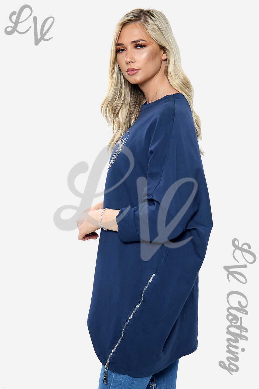Ladies Embroidery Heart Zip Detail Sweatshirt  Navy Unit Price £14.99