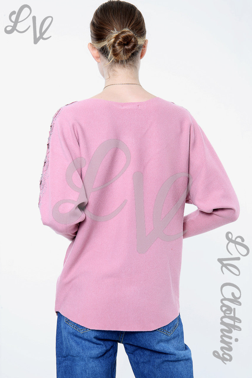 Dames trui met lovertjes en uitsnijdingen op de mouwen Dusty Roze - Stukprijs € 20,99