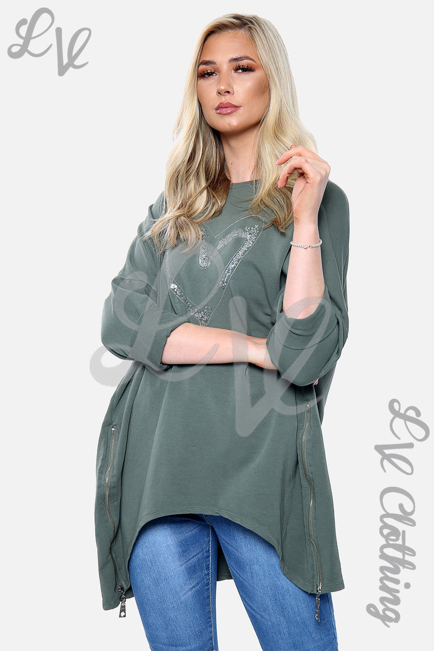 Dames Sweatshirt met Geborduurd Hart en Ritsdetail Khaki Stukprijs € 8,99