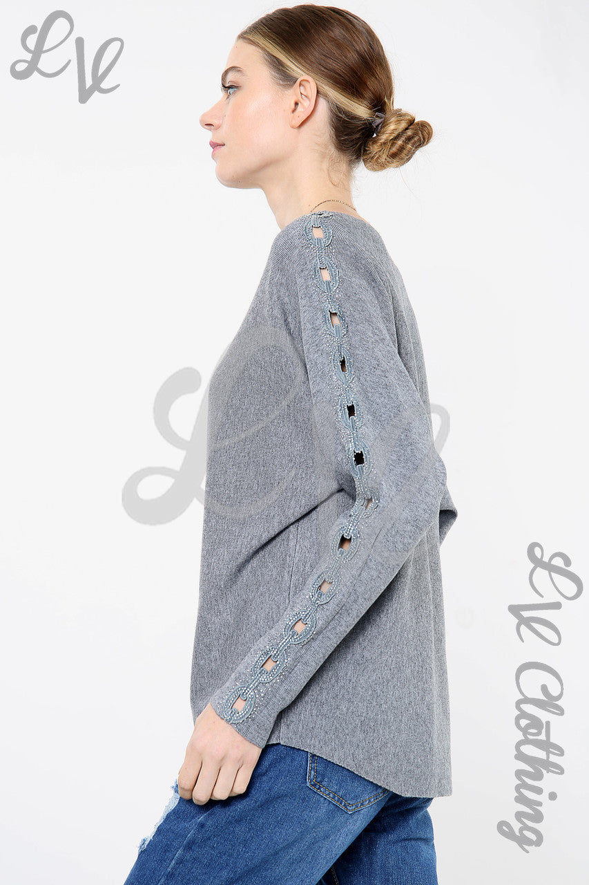 Ladies Sequin & Cut Out Sleeve Detail Jumper Charcoal - Unit Price £20.99