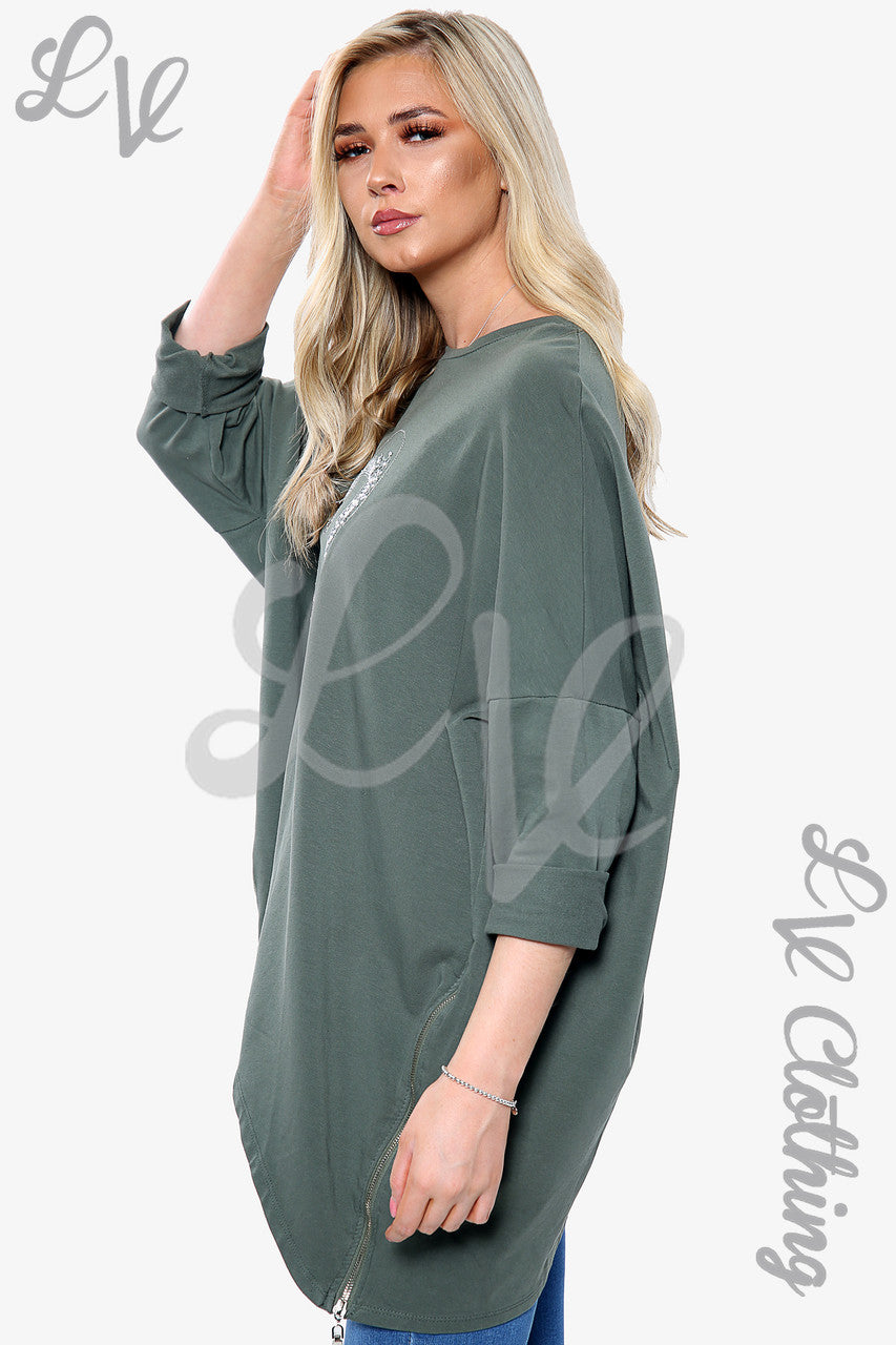 Dames Sweatshirt met Geborduurd Hart en Ritsdetail Khaki Stukprijs € 8,99
