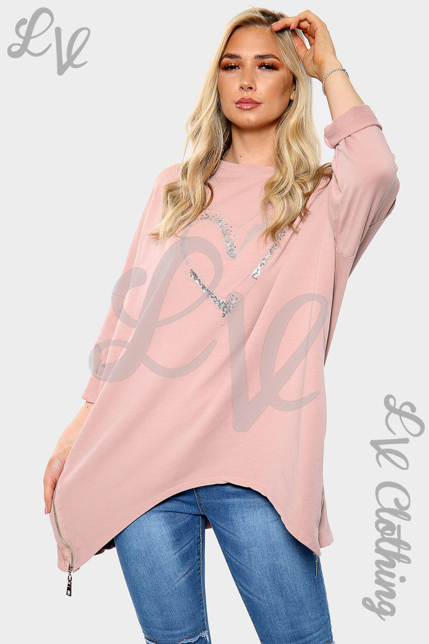 Dames Geborduurd Hart Rits Detail Sweatshirt Dusty Roze Stukprijs €8,99