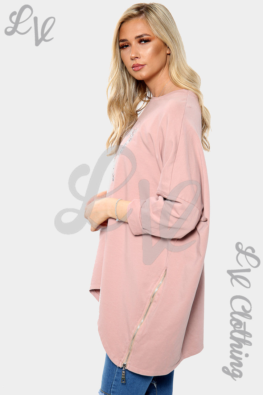 Dames Geborduurd Hart Rits Detail Sweatshirt Dusty Roze Stukprijs €8,99