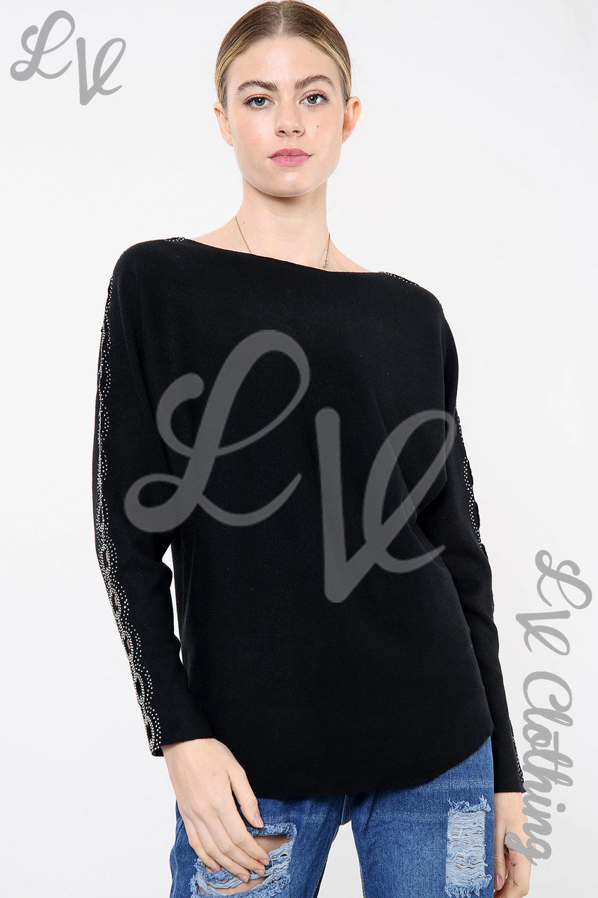 Ladies Sequin & Cut Out Sleeve Detail Jumper Black - Unit Price £10.99