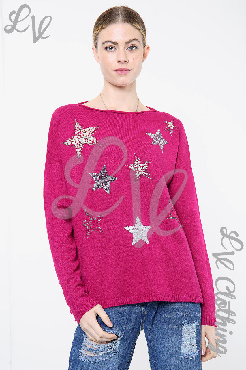 Ladies Sequin Star Detail Jumper Sweatshirt Cerise Unit Price £20.99