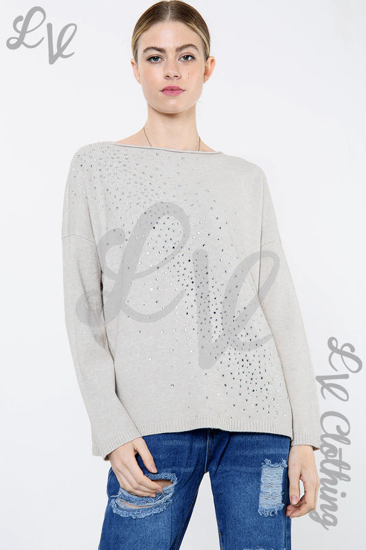 Women’s light grey sequin and diamante jumper with large 'e' motif on front