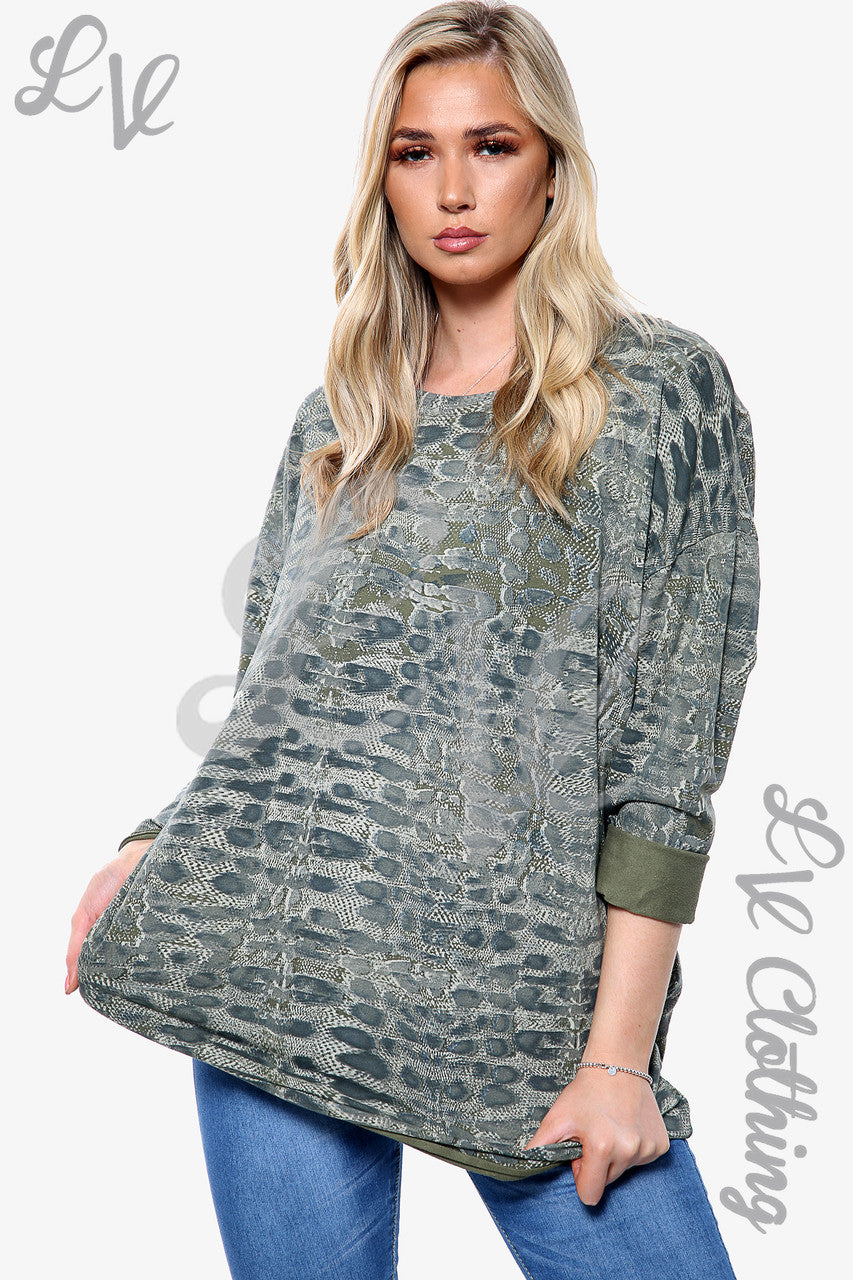 Dames oversized sweatshirt met slangenprint Khaki Stukprijs € 14,99