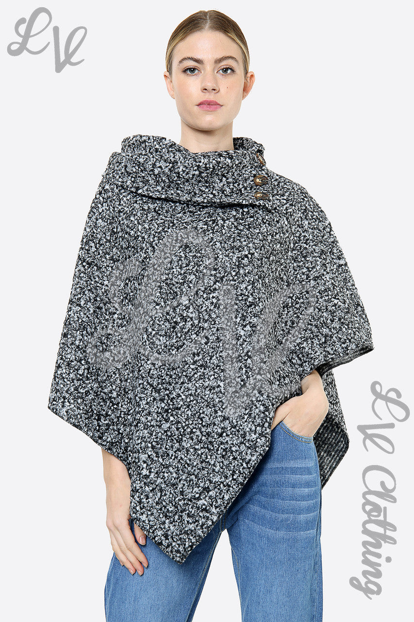 Ladies 3 Button Teddy Bear Wool Blend Asymmetric Poncho Mottled Black/Grey Unit Price £10.99