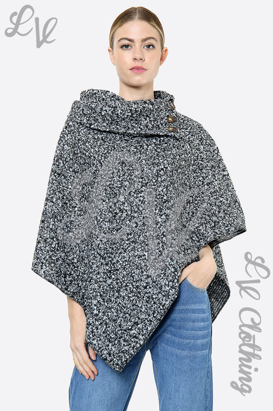 Asymmetric mottled black-and-grey wool-blend poncho with button and cowl neck