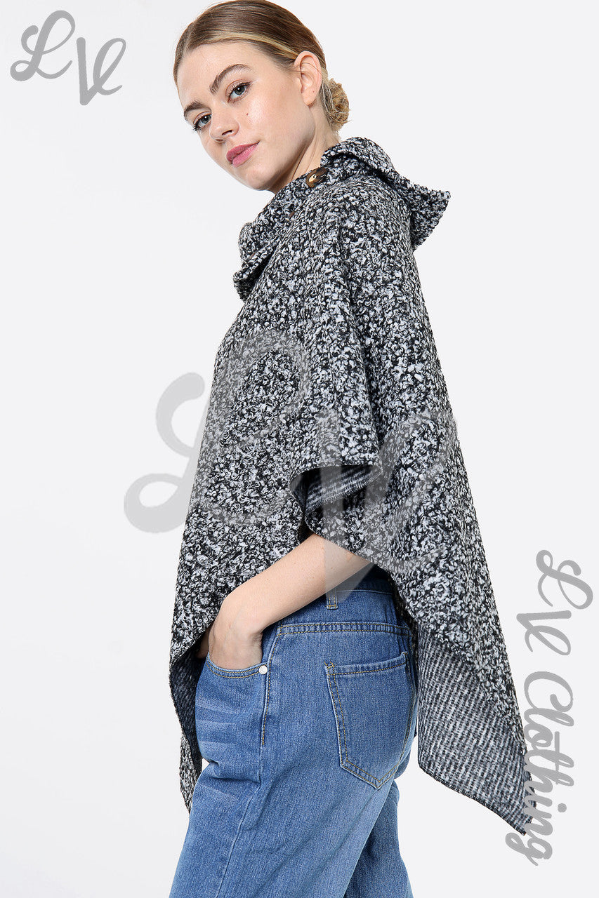 Ladies 3 Button Teddy Bear Wool Blend Asymmetric Poncho Mottled Black/Grey Unit Price £10.99