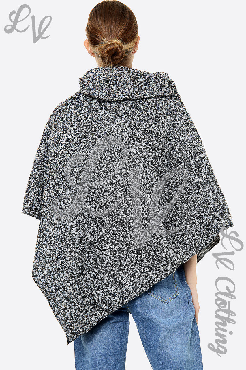 Ladies 3 Button Teddy Bear Wool Blend Asymmetric Poncho Mottled Black/Grey Unit Price £10.99