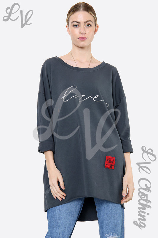 Charcoal graphic sweatshirt with 'Love' script front and small red chest patch