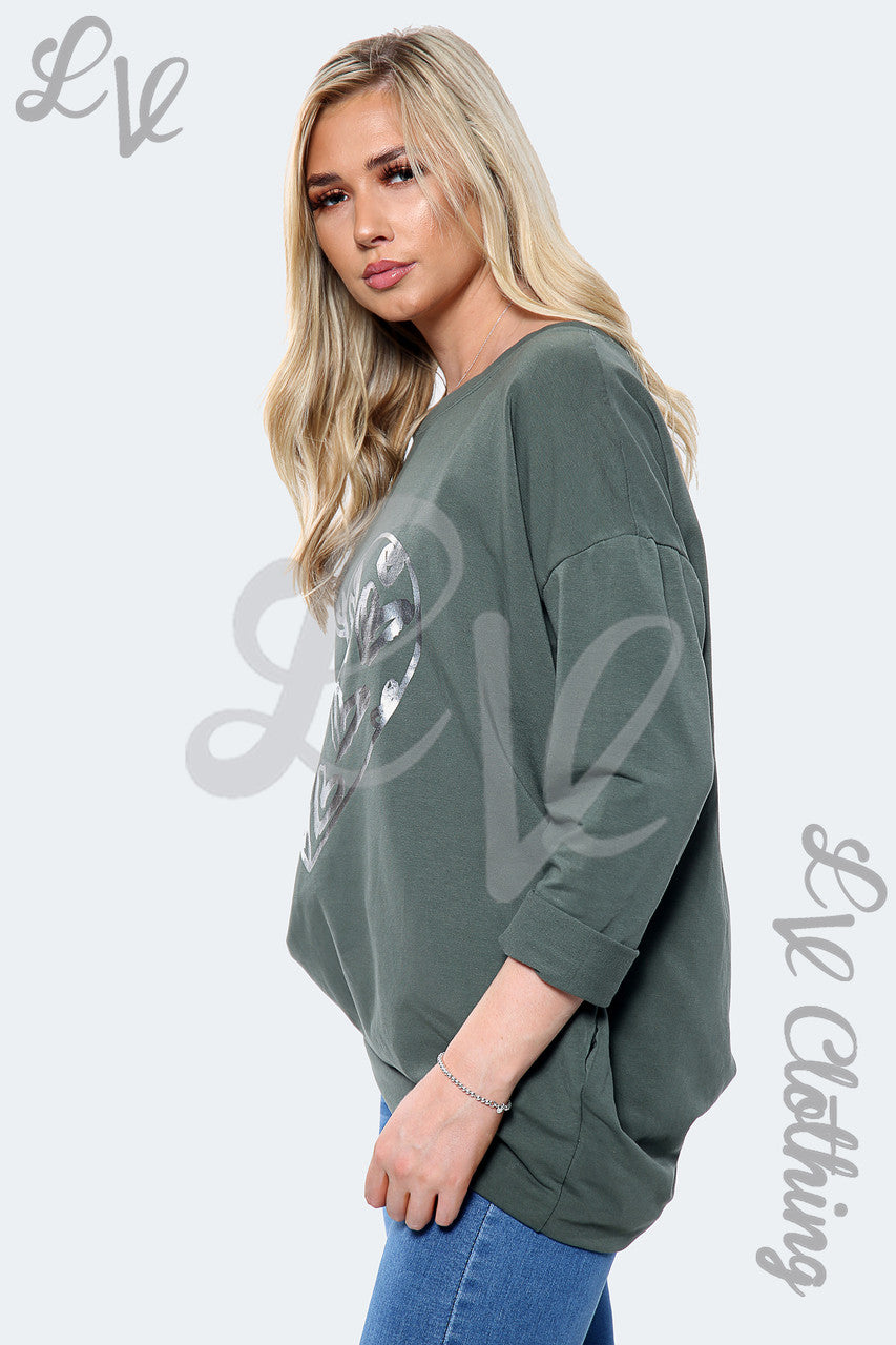 Dames Sweatshirt Top met Zilverfolie Hartjesprint Khaki Stukprijs €14,99