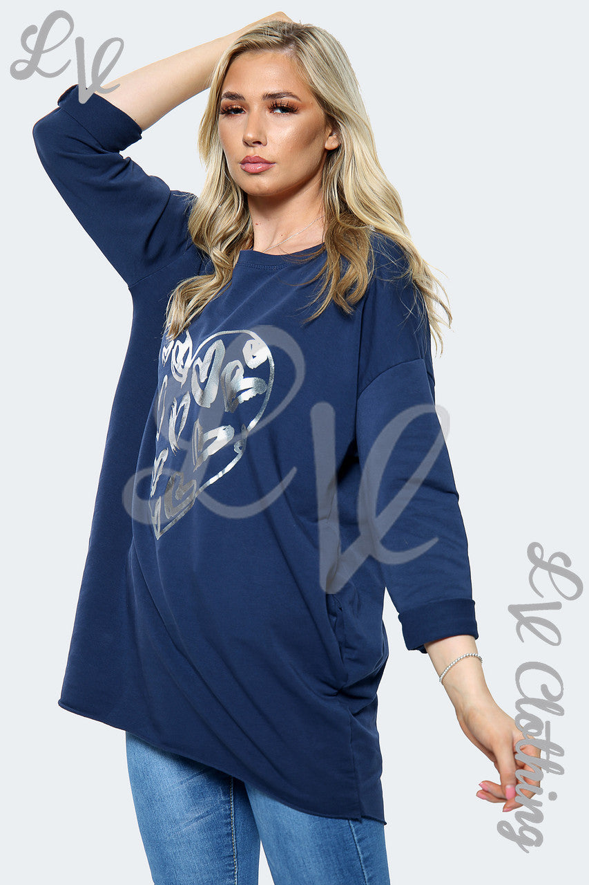 Dames sweatshirt top met zilverkleurige folie hartprint navy Prijs per eenheid € 14,99