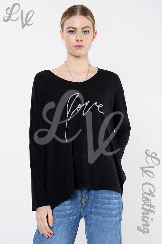 Black fine knit top with 'Love' script print, scoop neck, long sleeves