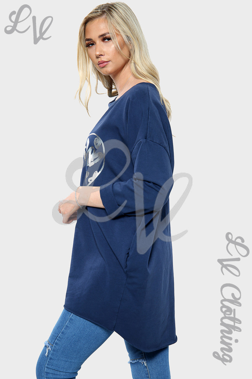 Dames sweatshirt top met zilverkleurige folie hartprint navy Prijs per eenheid € 14,99
