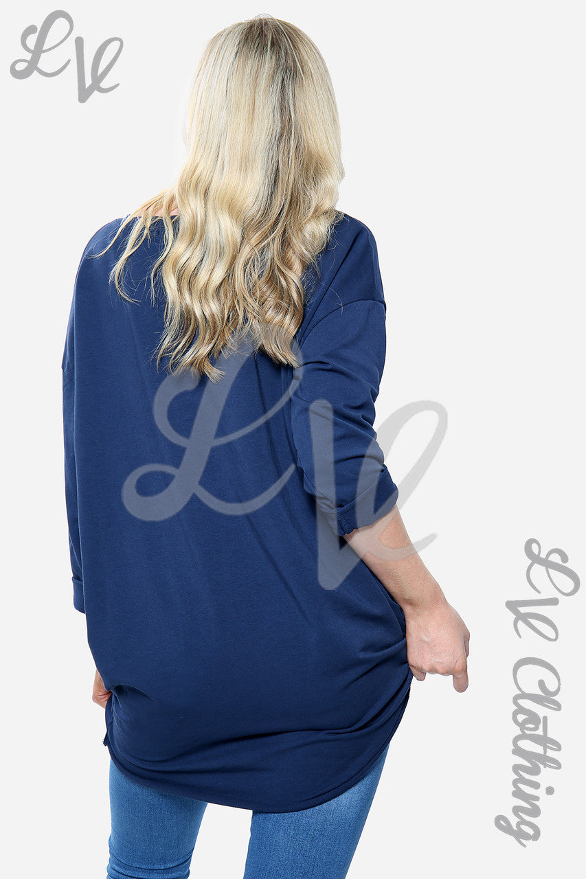 Dames sweatshirt top met zilverkleurige folie hartprint navy Prijs per eenheid € 14,99