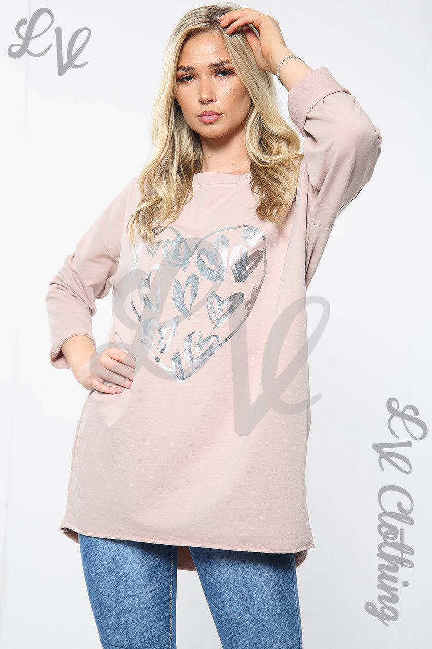Ladies Silver Foil Heart Print Sweatshirt Top Dusty Pink Unit Price £14.99