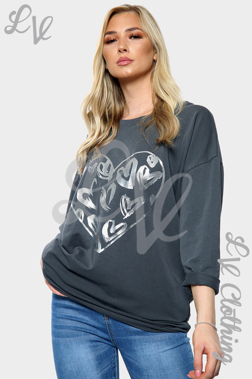 Dames zilverfolie hartprint sweatshirt top antraciet Stukprijs €14,99