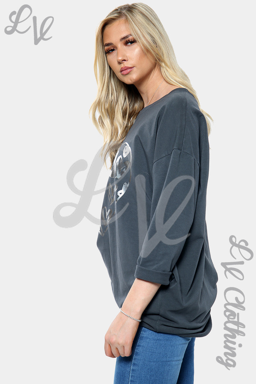 Dames zilverfolie hartprint sweatshirt top antraciet Stukprijs €14,99